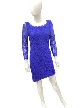 Diane Von Furstenberg Dress Women’s SZ10 Lacey Overlay Chunky Zipper Cobalt Blue